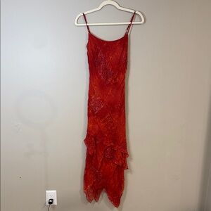 Vintage Sue Wong red asymmetrical dress with beads and layering - orange accents